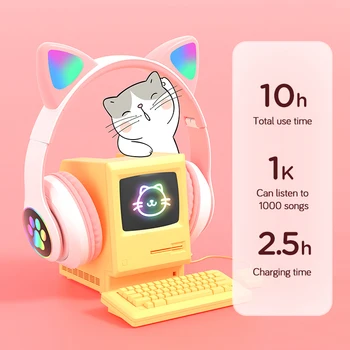 RGB Pisică Ureche Căști fără Fir Bass Anulare a Zgomotului Adulți Copii Fata de Căști Bluetooth Suport TF Card Casco Cu microfon Imagine 2