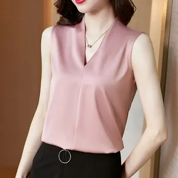 Elegant V-Neck Culoare Solidă Îmbinate Fără Mâneci Supradimensionate Satin Cămașă Pierde Casual, Office Lady Topuri De Moda Femeie Bluze 2022 Imagine 2