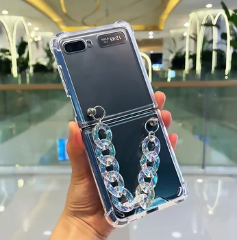 Moda Drăguț DIY Laser Portabil Cristal de Mână Brățară de Lanț de Caz Pentru Samsung Galaxy Z Flip 5G 3 rezistent la Șocuri Caz Clar de Acoperire Imagine 2