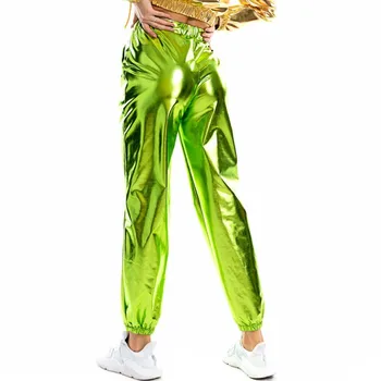 Femei Strălucitoare Holografic Pantaloni Largi Cu Talie Înaltă Metalice Pantaloni Spectacol De Dans Hip Hop Pantaloni Streetwear Joggeri Imagine 2